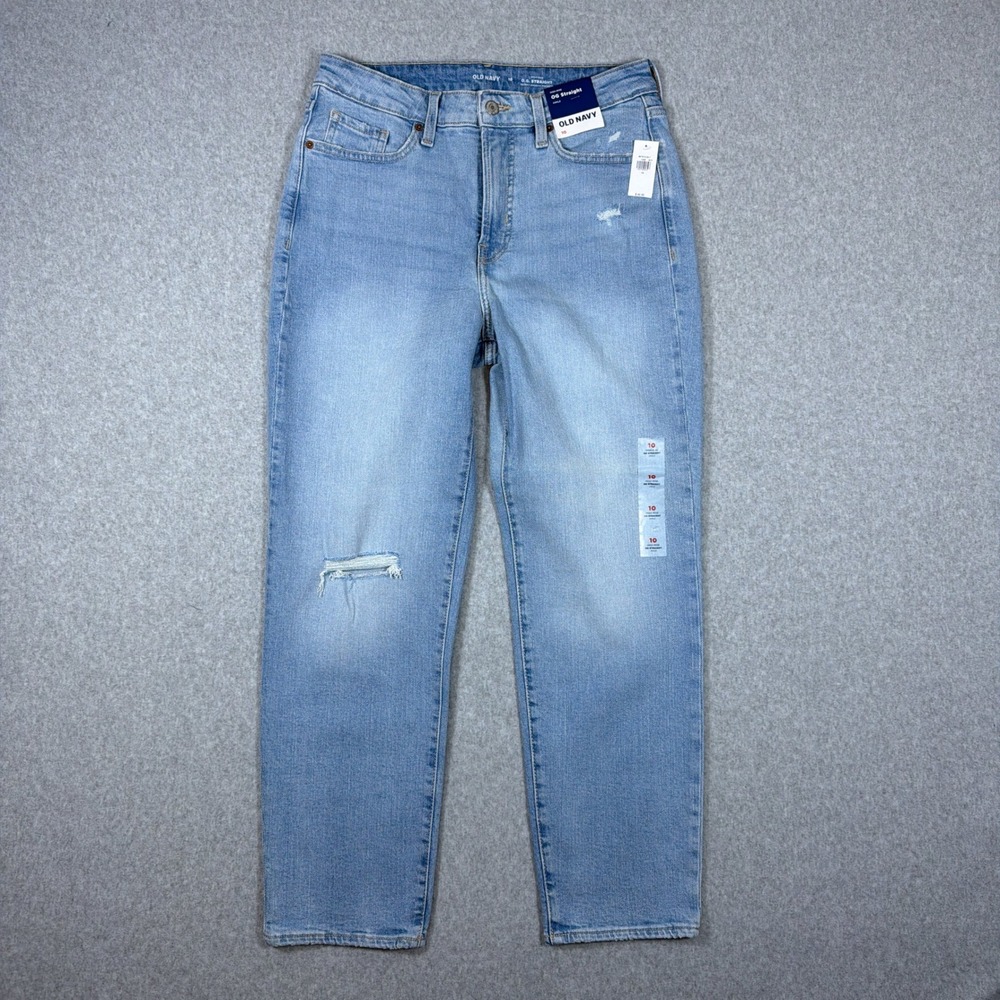 Old Navy High-Rise OG Straight Ankle Jeans Light Wash Distressed Blue 10